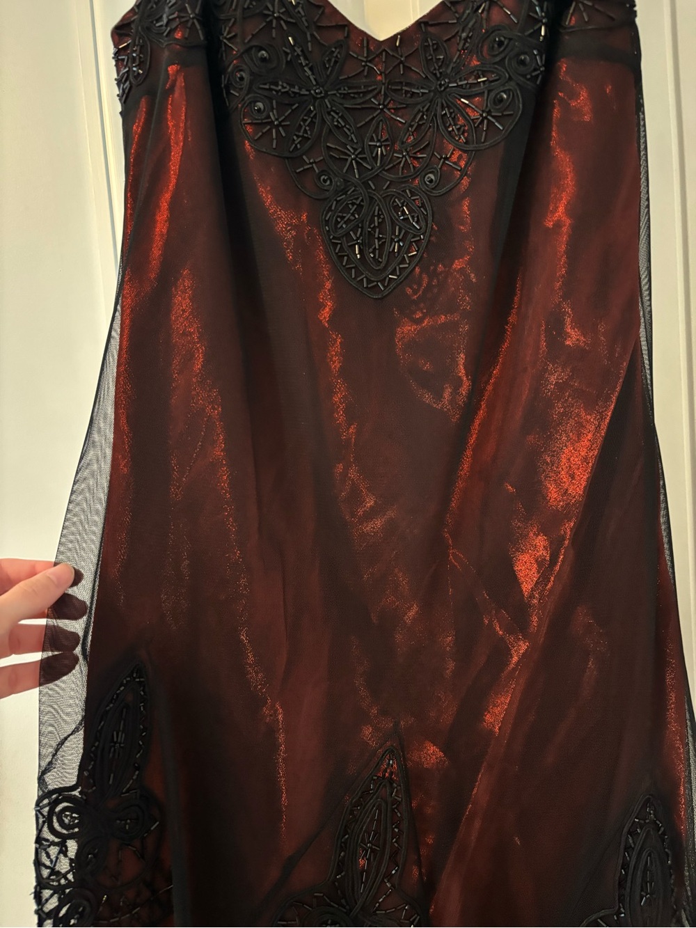 Sue Wong Burgundy Slip Dress with Black Lace Appliqué - Picture 7 of 8